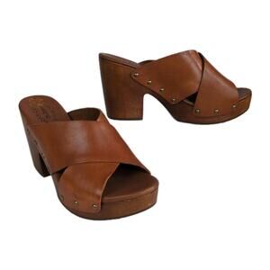 KORK-EASE Brown Leather Cross Strap Heeled Clog Mule Sandal Block Heel Womens 10
